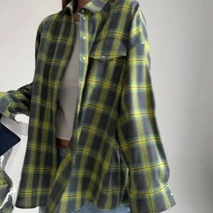 NWT Oversized Flannel Charcoal and Acid Green Shirt